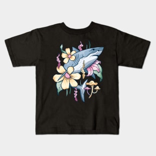 Shark Explores Underwater Floral Forest - Tattoo Style Design Kids T-Shirt